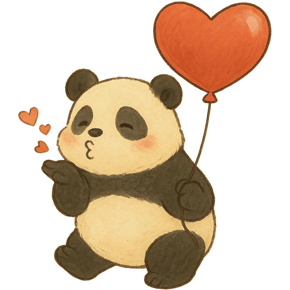 panda with heart-shaped balloon blowing kisses, soft Ghibli style emoji