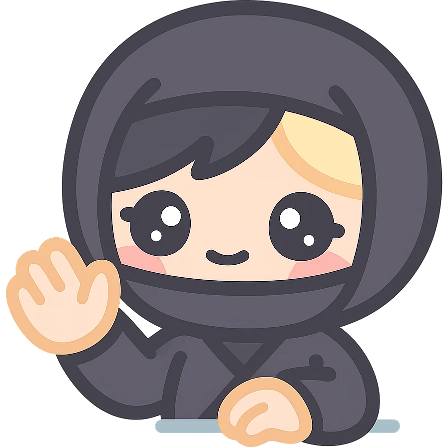Make the art style more anime: kawaii chibi ninja girl with black short hair and a blonde streak, only head and arms, big sparkling anime eyes, rounder face, small mouth, soft shading, pastel colors, clean outlines, transparent background, no mask, hand halfway up, smiling, sized for Twitch emoji use. emoji
