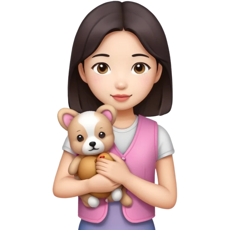 A beautiful Asian girl, fair complexion, wearing a pink vest, holding a little teddy dog in her arms emoji
