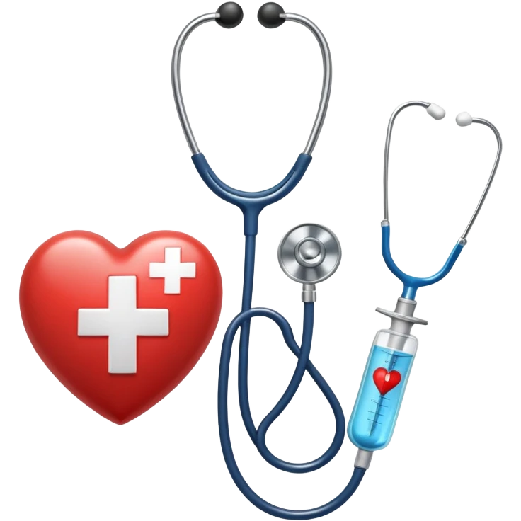An icon featuring a stethoscope, a medical syringe, and a heart, symbolizing medicine. The design includes a caduceus, a first aid kit, and a microscope, representing the study of health, diagnosis, and treatments. Transparent background highlights the science of medical care and healing. emoji