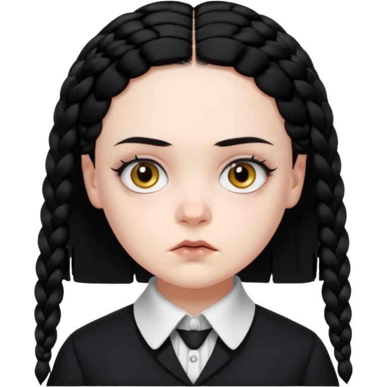 Draw Wednesday Addams (Jenna Ortega) with pale skin, black braids, dark uniform, white collar & intense stare. emoji