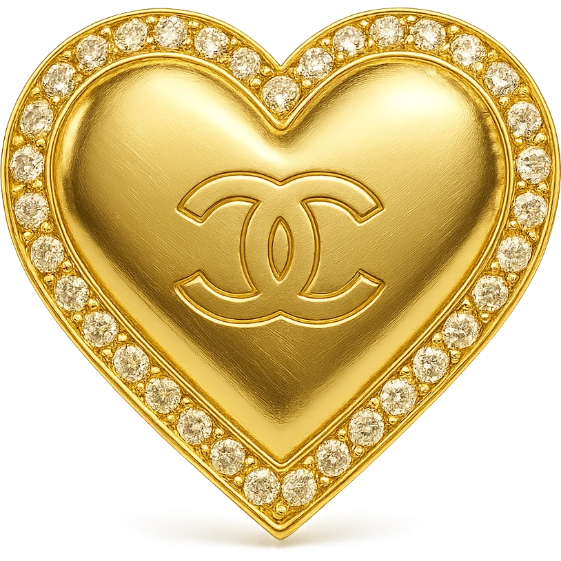 Chanel heart in metallic gold style with a diamond-studded outline, ultra-luxury emoji