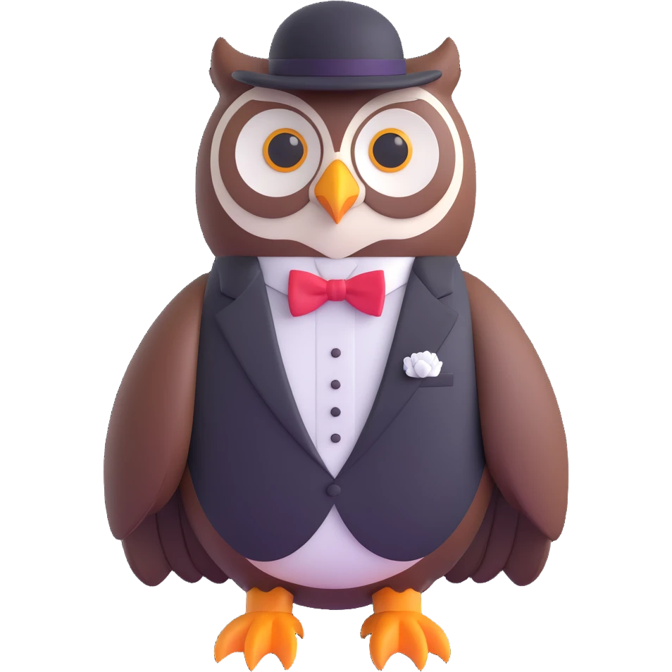 a friendly owl in a tuxedo, helpful emoji