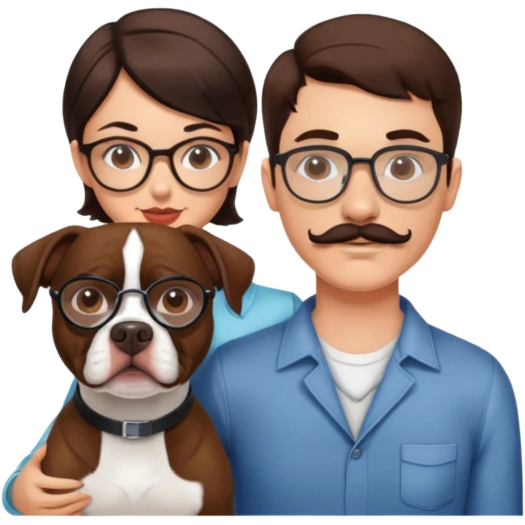 young couple brunette man w wire glasses and mustache and brunette girl with bob and a brown pitbull boston terrier  emoji