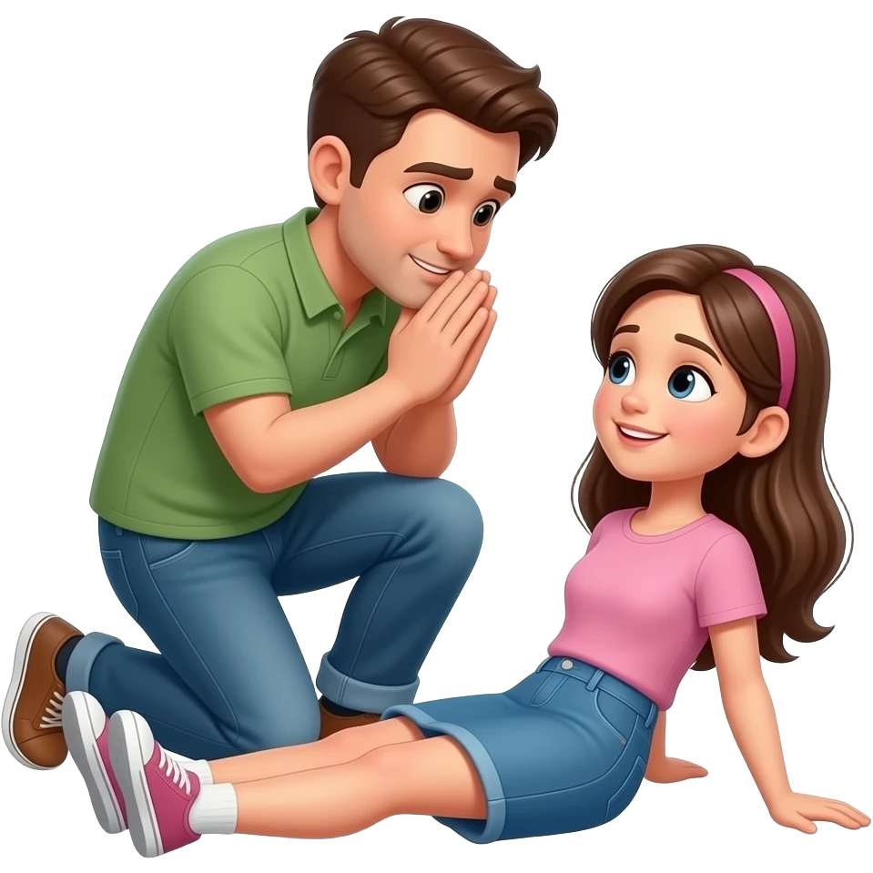 Generate an emoji in which a man apologizing to a girl while lying on her feet emoji