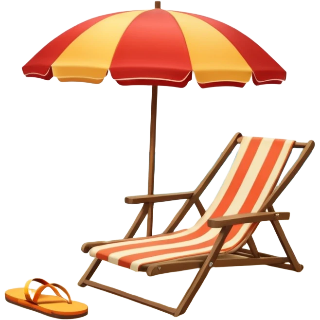 Icon for Beach Tourism: a sunny beach with the sea and waves, a lounge chair, a sun umbrella, and flip-flops on the sandy shore. The background should be a clear, vibrant ocean view with the sun shining brightly. Transparent background. emoji