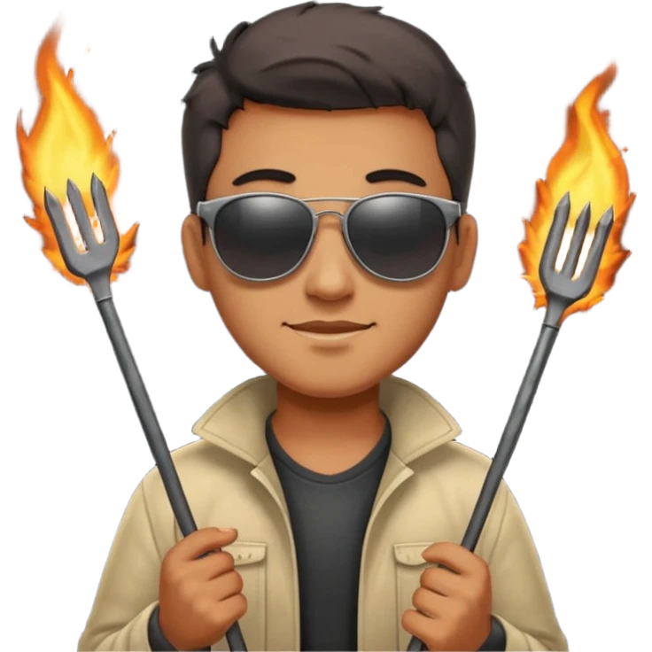 A guy in sunglasses holding tongs, proudly turning skewers over glowing charcoal. emoji
