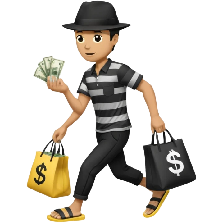 Make a man wear a black pant and he shirt is balck line and white line and wear a black hat and he holding a money bag and he running he wear a black eye thing no money in the Left hand and he yellow and the money bag in the right he wear a flip flop like this is Money bag 💰 NO MONEY emoji