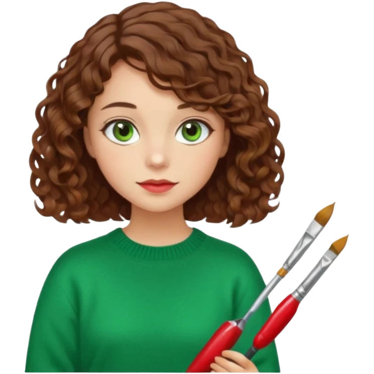 Девушка художник с кистью и палитрой с красками кудрявые коричневые волосы  стрижка каре Волосы средней длины зеленые глаза белая кожа красная кофта emoji