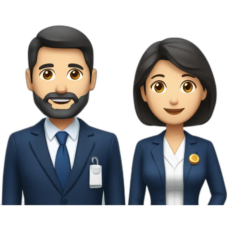 husband middle aged executive classic dark hair thin beard wearing dark blue business suit and bible, with wife filipina nurse age 55 dark hair emoji