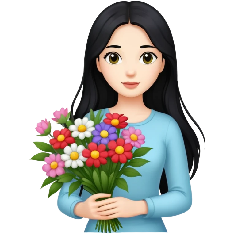 Beautiful girl with long black hair holding a bouquet of flowers emoji