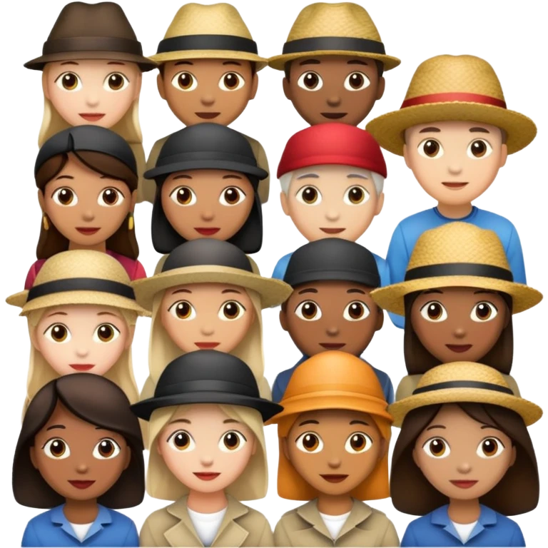 diverse group of people, each with a unique hat emoji