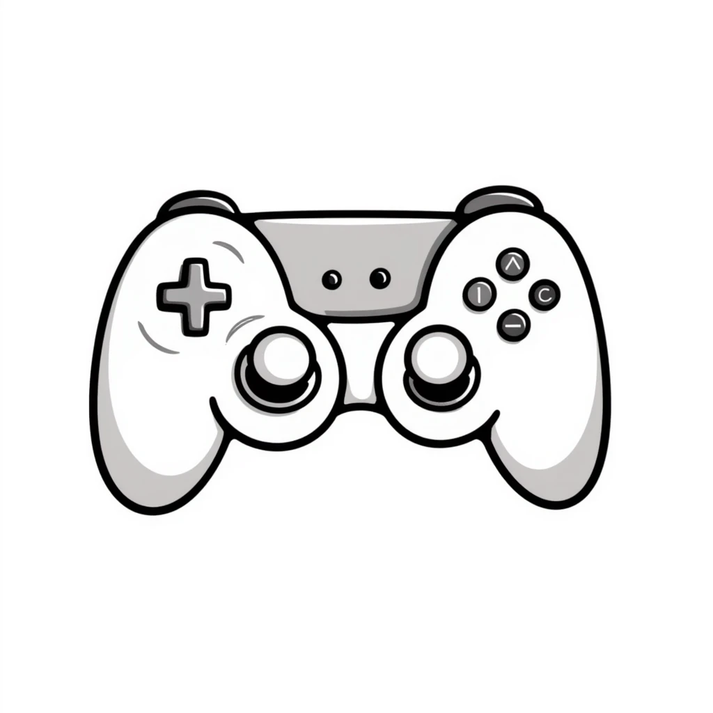 A modern gamepad controller with dual analog sticks and multiple buttons in pastel colors (dd9fb0, ffc6d3, a3bfc9, c4bee2, f1b091), hand-drawn doodle style emoji