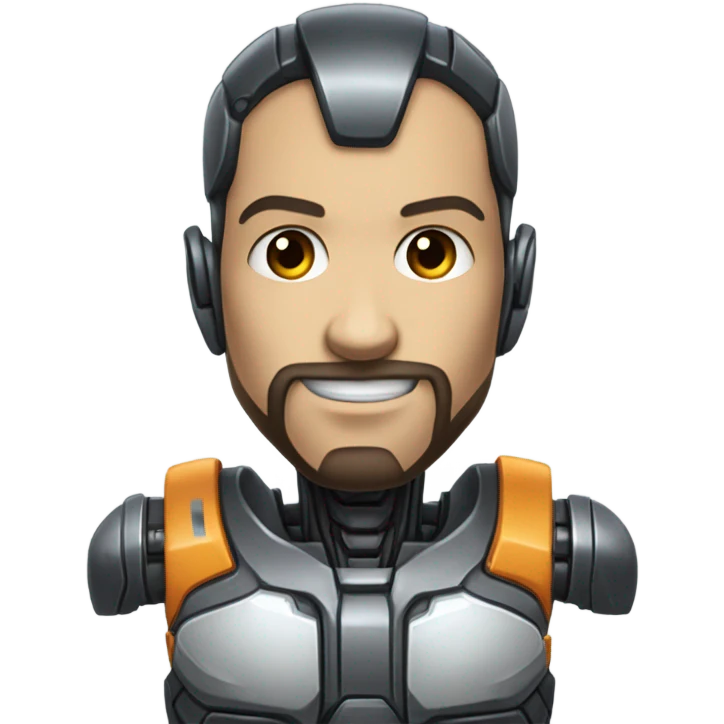 muscular half cyborg face half human with short straight, dark hair, hardhat, and a neatly trimmed beard emoji