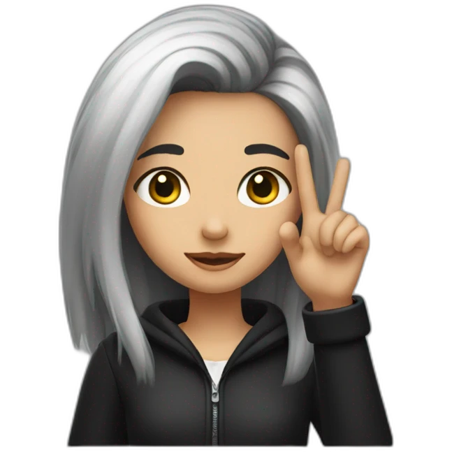 A girl with black and white hair puts her finger on her head emoji