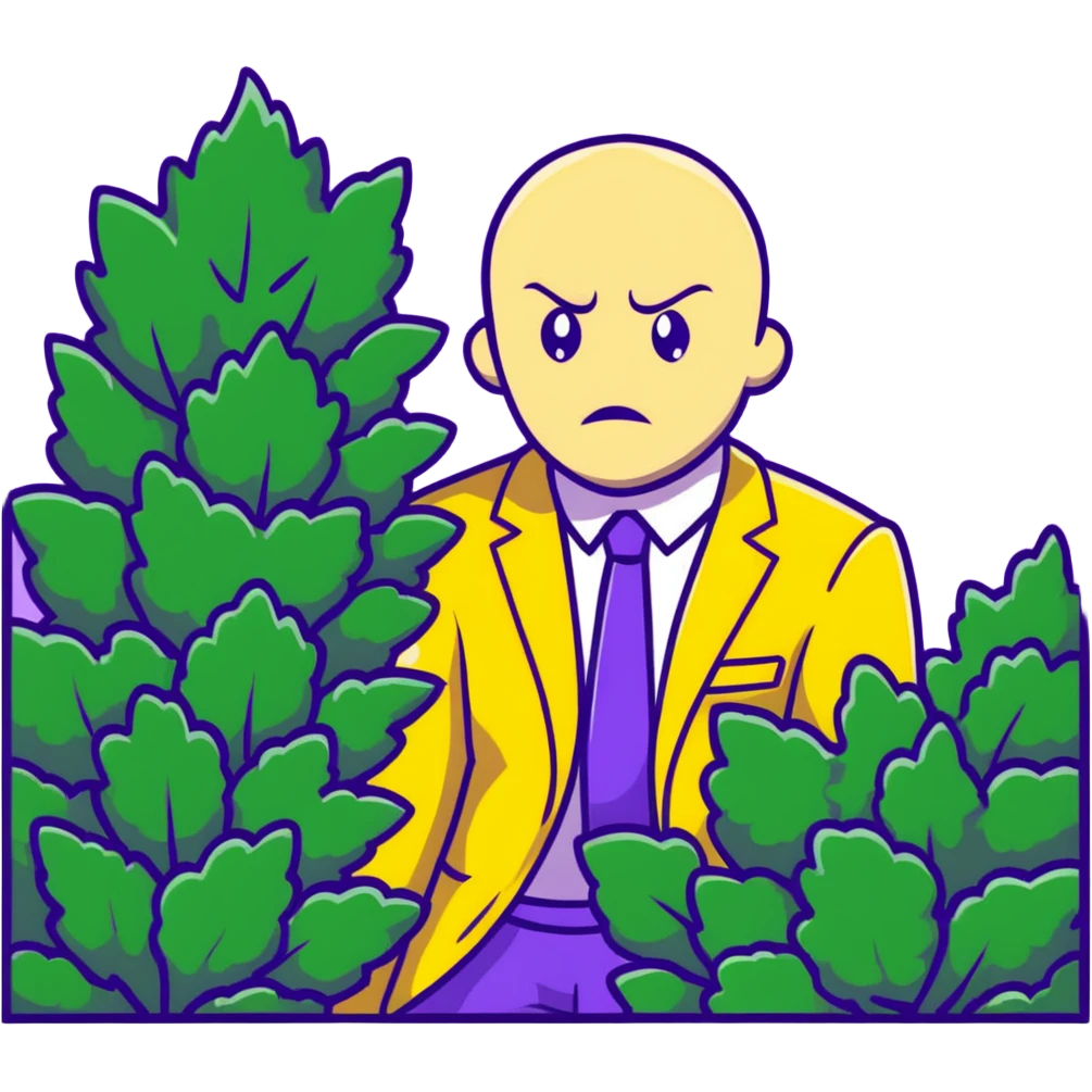 Man in a yellow suit looking suspicious while hiding in a bush, shifty eyes emoji