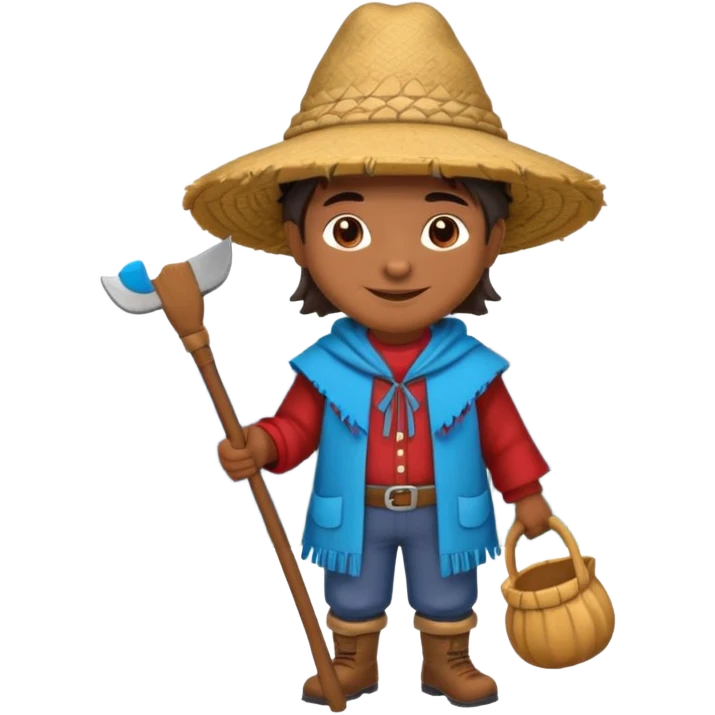3D emoji style illustration of a Peruvian Andean farmer, wearing traditional chullo hat and poncho, holding a hoe, smiling, mountains in background, bright natural colors, bold outlines, glossy sticker style, transparent background emoji