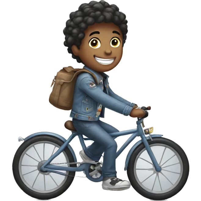smiling boy in denim jacket riding a bicycle  emoji
