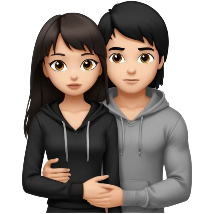 generate a pretty bratz girl in black cami top, dark brown straight long hair with bangs, eyeliner on, 

hugging a handsome muscular boy with black hair and a grey hoodie emoji