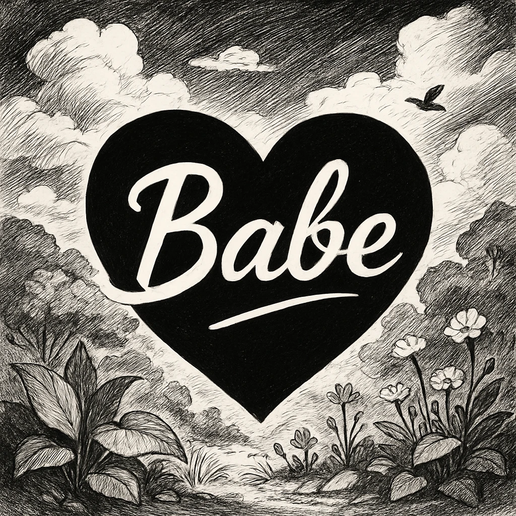 the word 'Babe' in white handwriting across a black heart, ghibli style, high contrast emoji