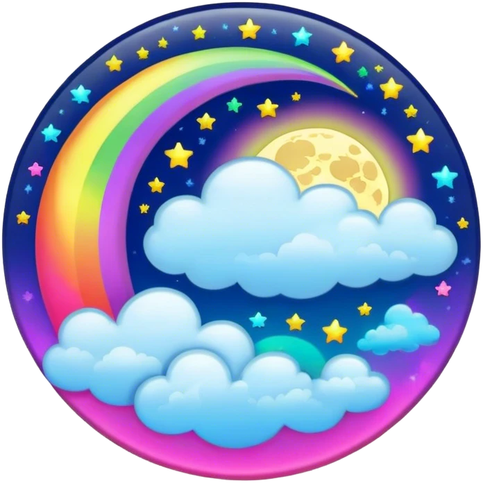 Beveled button with shine, Neon rainbow colored damask style full moon with stars and clouds in the center emoji