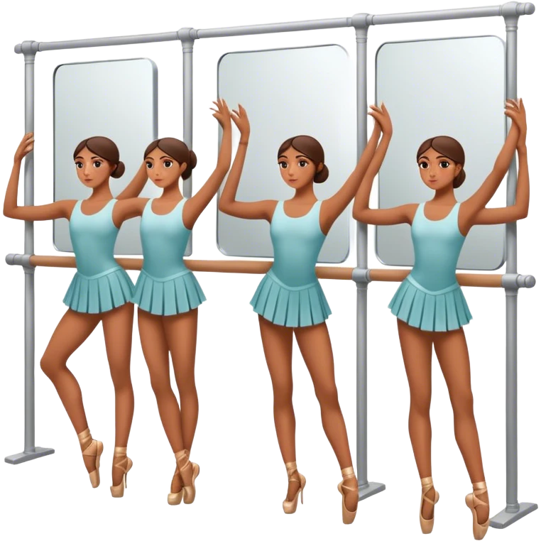 Icon for Choreography: a group of dancers in identical poses, standing by a wall with mirrors, holding a long barre with one hand. The icon should capture the discipline and synchronized movement of dance training. Transparent background. emoji