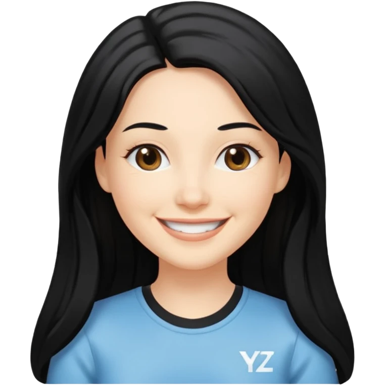 white adult woman in a y2k outfit, long black hair, smiling emoji