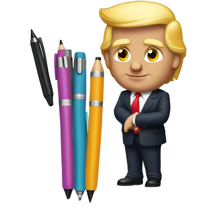 Donald trump wearing a suit with 6 pens in his suit pocket, and a pen in both hands emoji