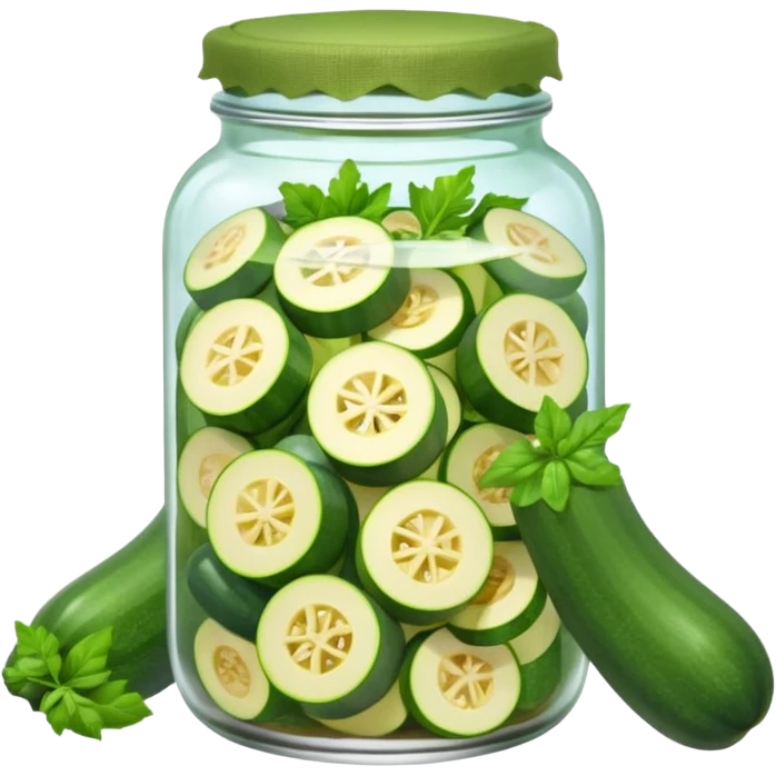 A homemade-style jar with sliced zucchini and herbs under a cloth cap.









 emoji