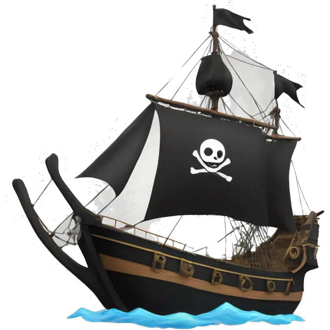 A sailing ship with a black body, black sails and black flag with the jolly roger emoji