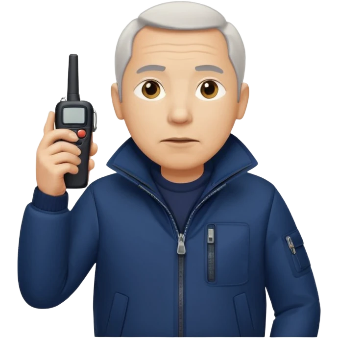 Security, Middle-aged, wearing navy blue jacket, serious facial expression, holding walkie-talkie, full body emoji