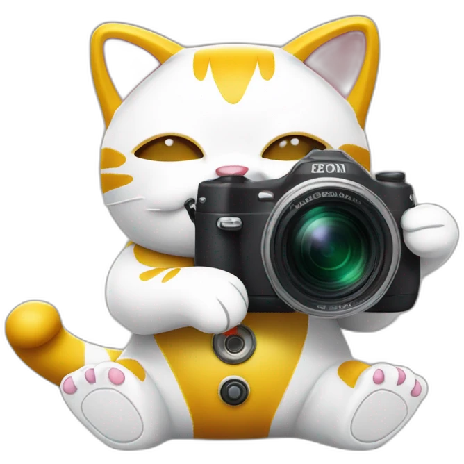 maneki neko with a camera between the legs on the ground, and the arm up emoji