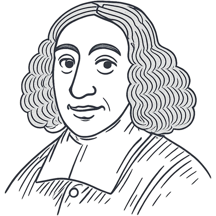 Add a bit more strokes to the Spinoza black outline icon to increase the hand-drawn character detail, keeping it clean and not overly busy. Maintain refined facial features, long curly hair, 17th-century collar, and even eyes. Transparent background. emoji