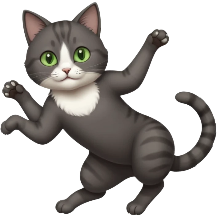 dark grey cat with green eyes, white toes/paws and white patch on her chest playfully rolling upside down emoji