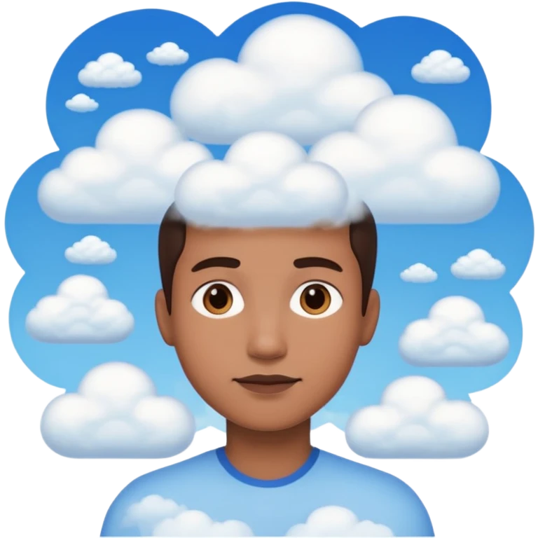 person from shoulders up, front view, composed of small clouds, bright and recognizable emoji