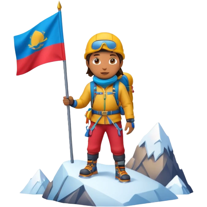 A 3D cartoon mountaineer standing on a snowy Everest-like summit with a flag, wearing colorful climbing gear, soft lighting, Memoji-style. emoji
