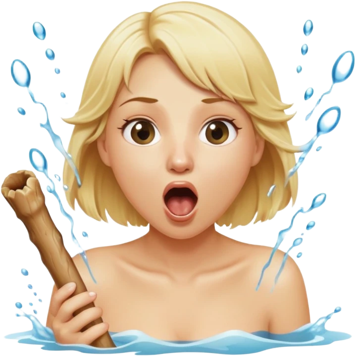 blond woman eating a wide stick with a round knob, both the stick and knob are the same color as her skin, water stream squirting from the knob into her open mouth, surprised expression emoji