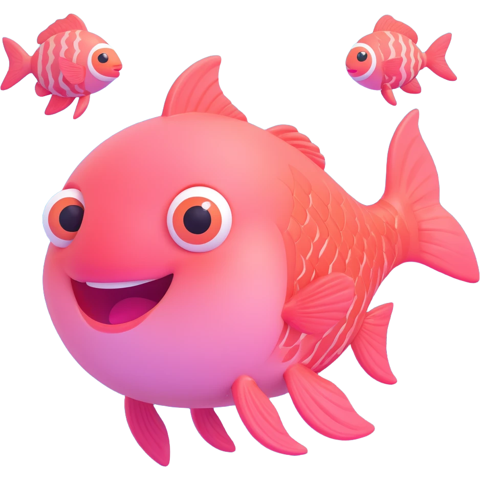 cute pink fish emoji, looking up, big smiling face, huge shiny eyes, rosy cheeks, tiny fins, soft pastel colors, underwater background with bubbles and coral, 3D glossy style, chibi emoji look, super kawaii emoji