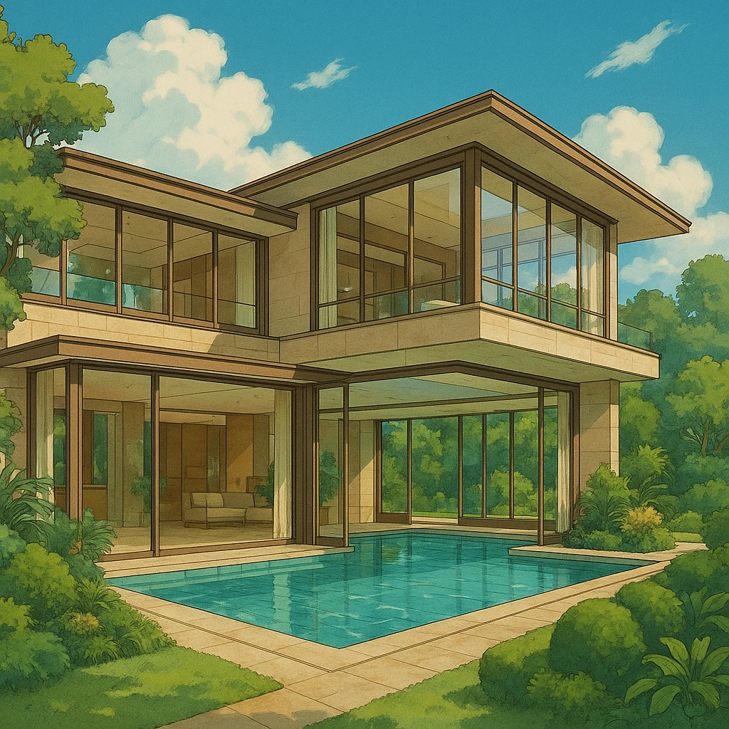 stunning luxury home with large windows and an indoor pool, elegant modern architecture, lush landscaping, ghibli style emoji