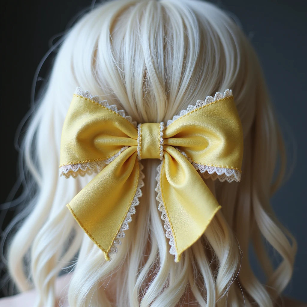pastel yellow gothic bow and matching hair comb, lace and velvet details, photorealistic style, transparent background, variation 4 emoji