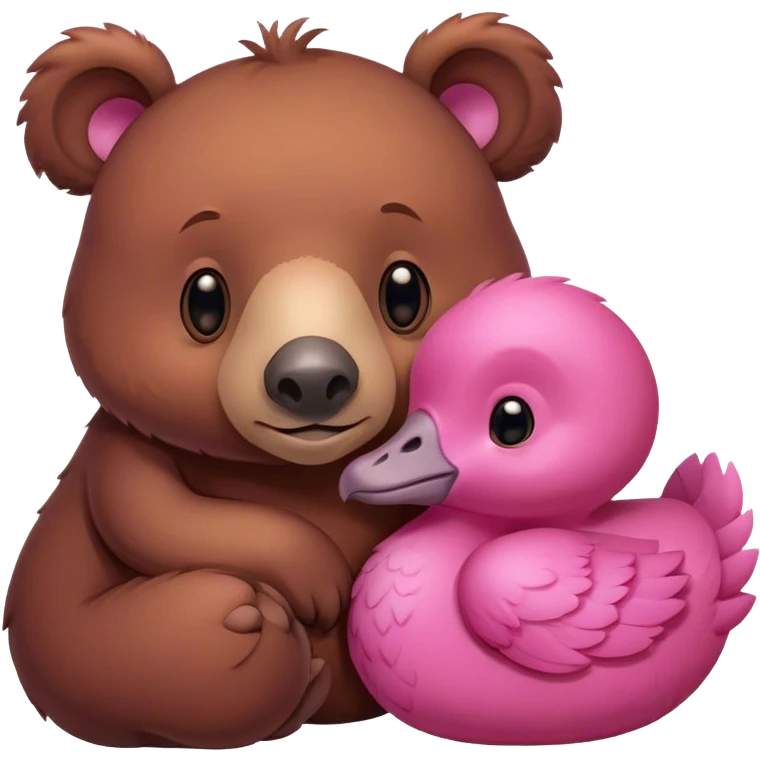 A brown bear and a pink dodo closely snuggled together emoji