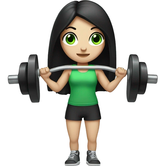 Pale girl with long black hair and green eyes lifting weights emoji