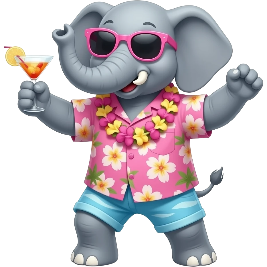 слон в гавайській рожевій сорочці тусується(танцює) в клубі в рожевих окулярах, в руках у нього коктейль, він захоплюво танцює emoji