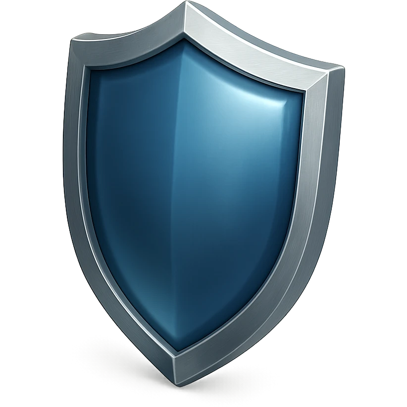 shield with a deep blue, shiny, glass-like center and a metallic border, no symbols, no sword emoji
