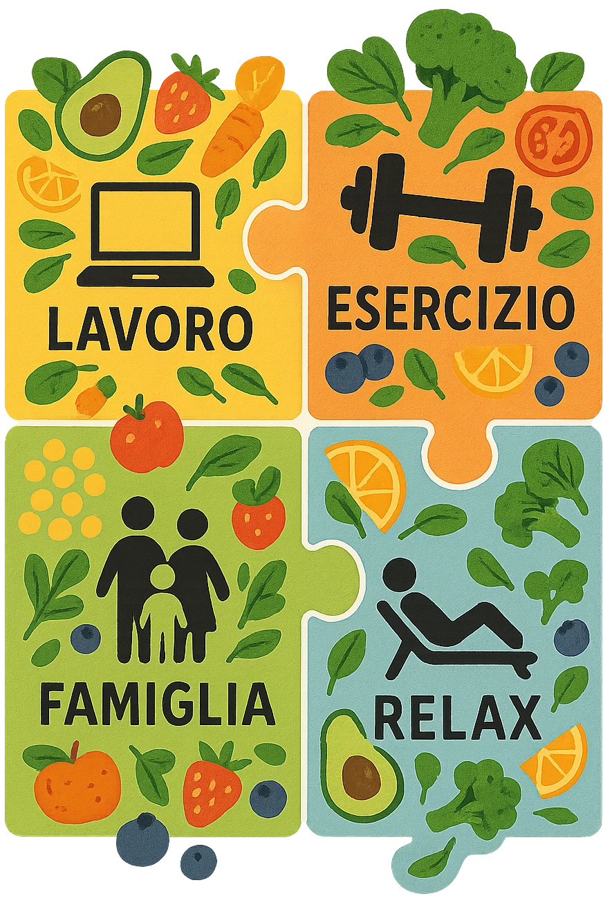 Puzzle (Lavoro, Esercizio, Famiglia, Relax), in lavoro metti icona di un PC, in Esercizio un Manubrio, in Famiglia una famiglia, in Relax qualcuno che riposa and healthy foods are integrated into each piece. in italiano emoji