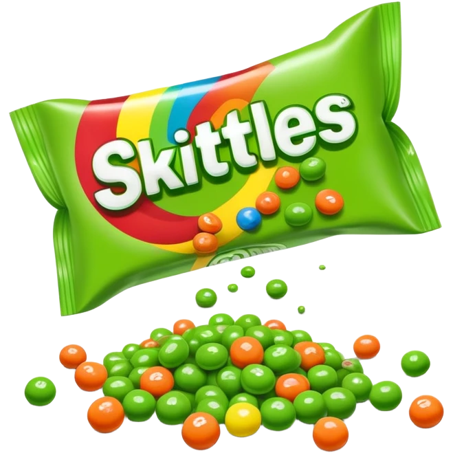 Skittles candy package spilling all green round candies, same package design but only green Skittles emoji
