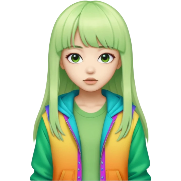  portrait-of-a-green skin alien-k-pop-idol,-wearing-a-stylish-streetwear-outfit-with-layered-colorful-clothing,-long-hair-with-bangs,-makeup,- emoji