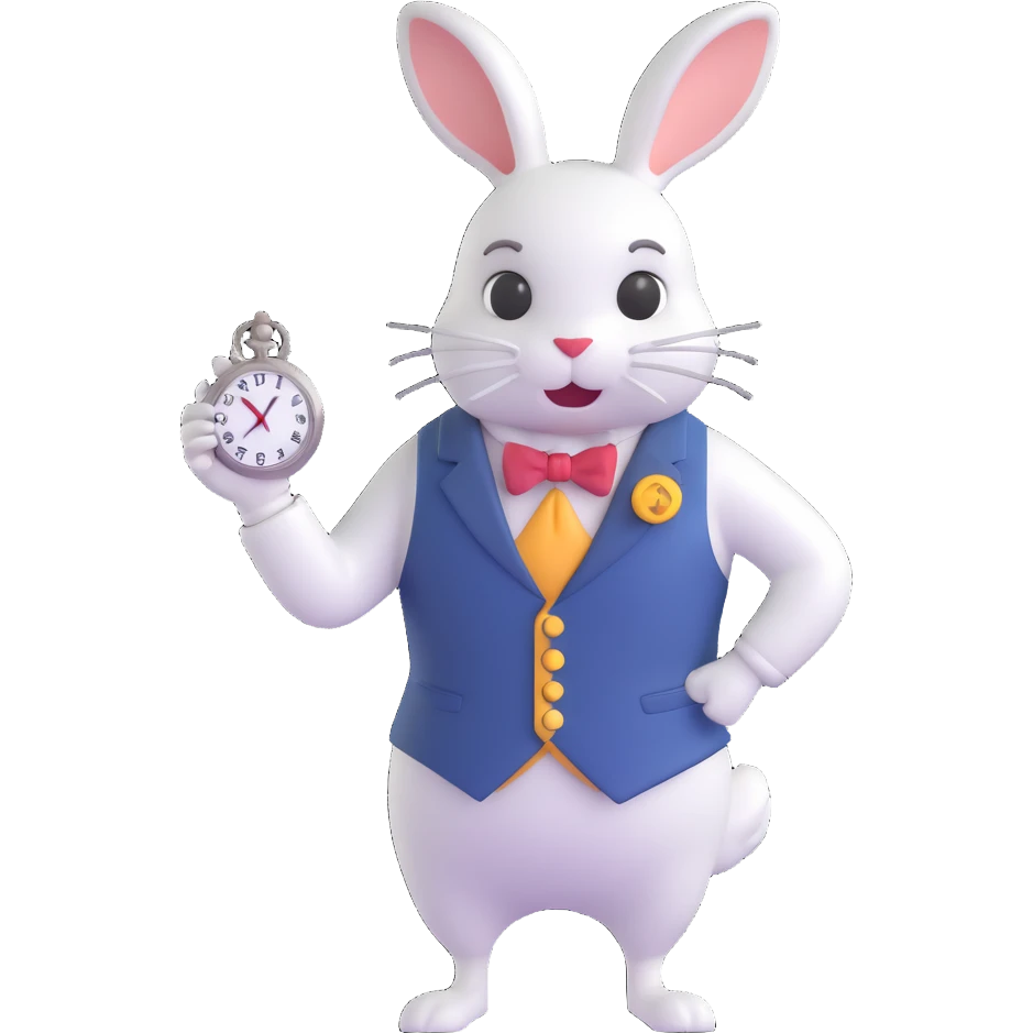 Alice in Wonderland white rabbit with pocket watch, hurried and whimsical, simple and charming emoji style emoji