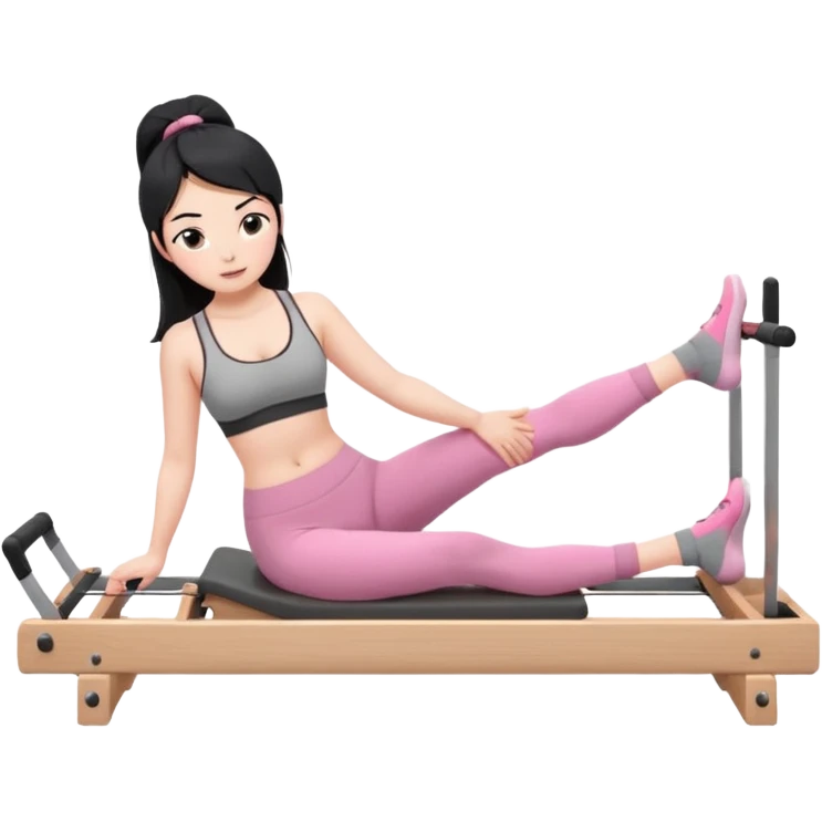 Create a Pilates emoji: a girl with fair skin and black hair, wearing a grey bra and grey leggings with pink pilates socks, doing sitted stomach massage on a wooden reformer and not looking at the camera. Make the colors neutrals. emoji