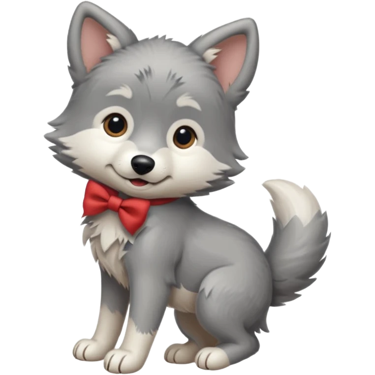 an animated gif-style sticker emote of a wolf puppy in a play bow wagging its tail in a smooth, natural arc over its back  emoji